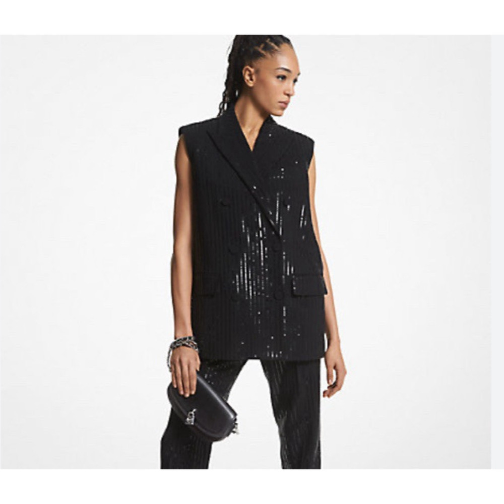 Michael Kors Pinstripe Sequined Crepe Sleeveless Blazer Black 10 (xRTR) RT $655